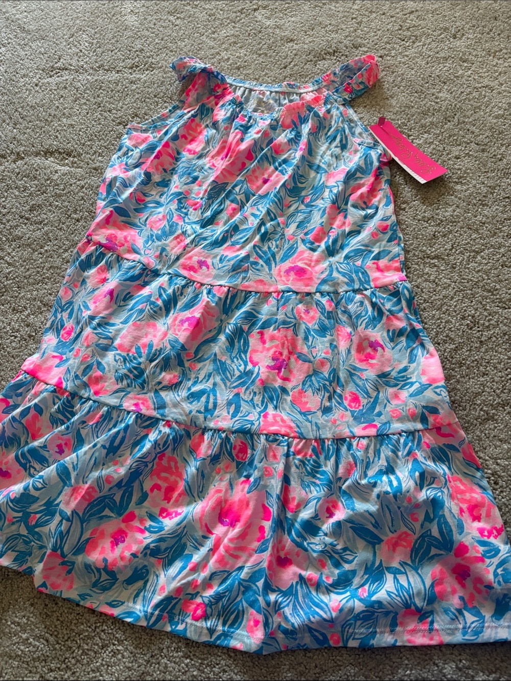 Lilly Pulitzer Girls Floral Tiered Dress in Pink and Blue
